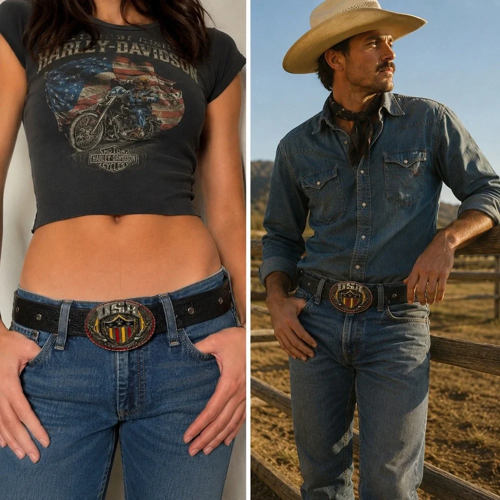 Vintage USA eagle belt buckle black leather‎ biker western Americana belt